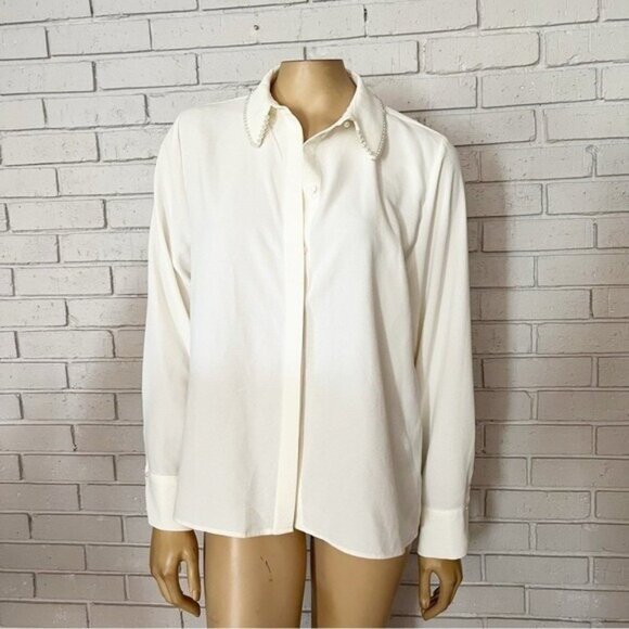 Zara White Pearl Lapel Crepe Shirt NWT Size L • Hidden Buttons • Elegant Blouse - Picture 1 of 9